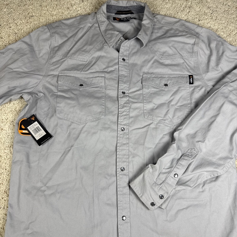 New Hawx Work Gear Mens Solid Gray Twill Long Sleeve Western Pearl Snap Up XLT